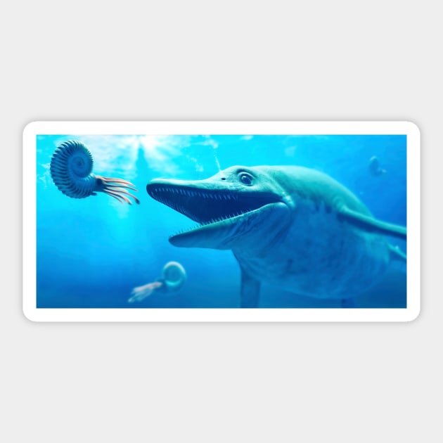 Ichthyosaurus hunting ammonites, illustration, (F033/6186) Sticker by SciencePhoto